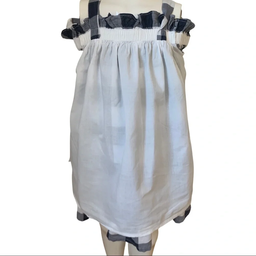 JANIE AND JACK Off-The-Shoulder Gingham Dress 100% Cotton Navy Blue & White Sz 3 - Picture 13 of 16